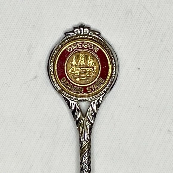 Oregon Beaver State Souvenir Spoon 3 5/8" Silver Tone Gold Red Enamel Insert USA - Picture 3 of 5